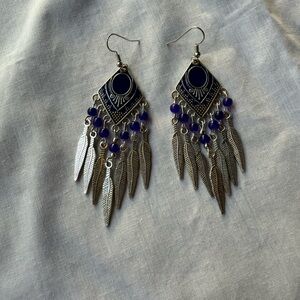 Chic Silver and Blue Feather Earrings